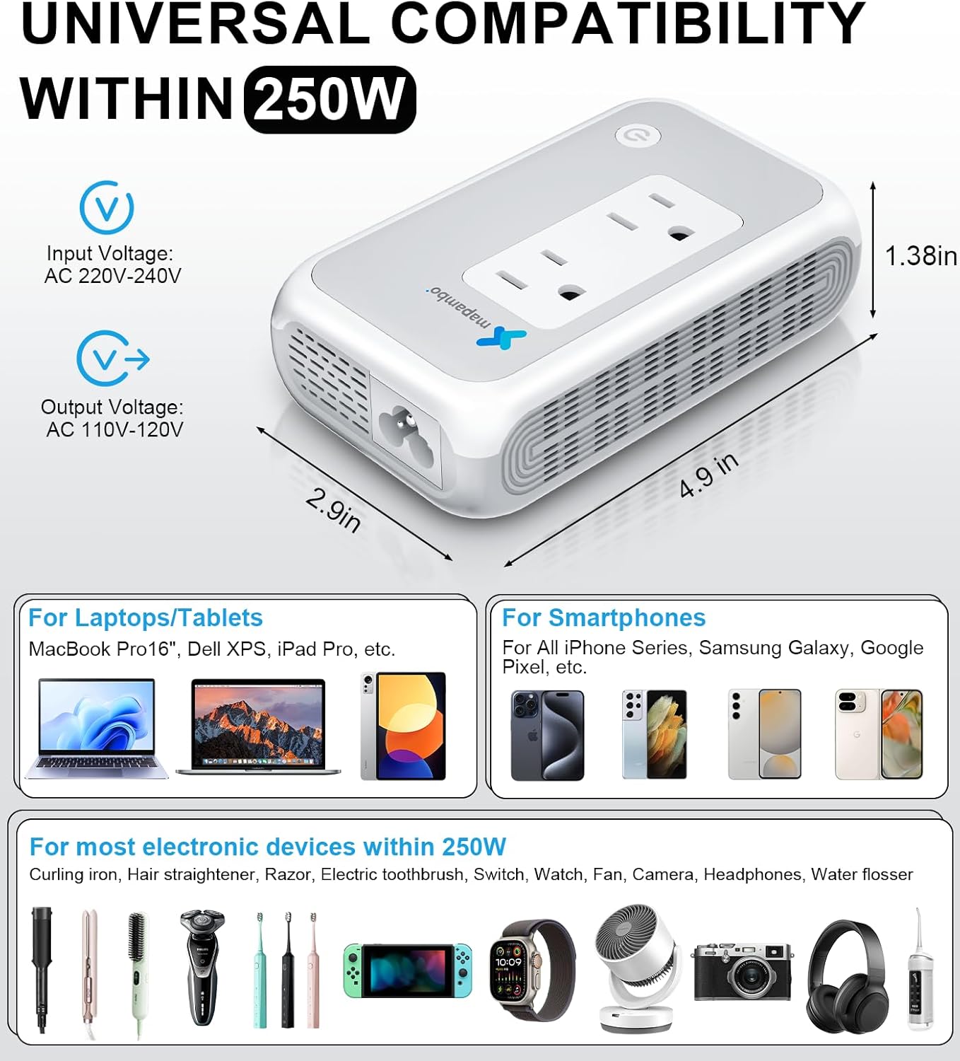 Mapambo 250W European Converter, Specially for Curling Iron and Hair Straightener, 220v to 110v Voltage Converter, with 2 AC Sockets with 2 USB C & 2 USB A Ports