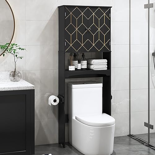 Armario de almacenamiento sobre el inodoro con borde dorado, moderno organizador de baño sobre el inodoro con estantes ajustables y soporte de papel