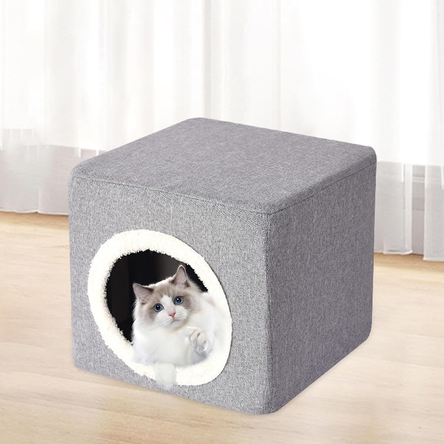review Cat House Cat Bed for Indoor Cats Cat Hideaway Furniture Sturdy Kitty Cube Pet Condo for Pet Supplies Kitty Resting Sleeping, Gray