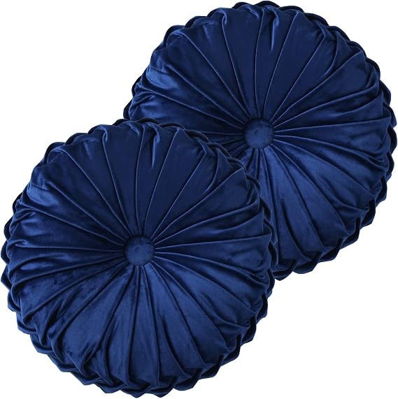 Decorative Round Pleated Throw Pillow | Navy