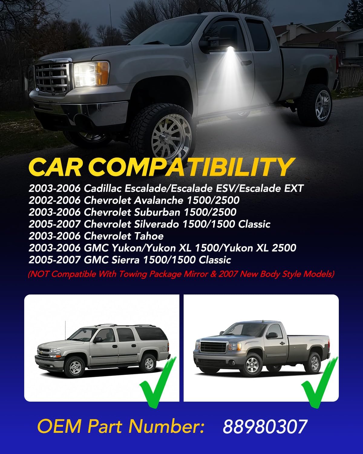 AUTOONE LED Marker Puddle Mirror Lights for Chevy Silverado 1500 Classic Avalanche 1500 2500, GMC Sierra 1500 Classic, Yukon XL 1500 2500, Cadillac Escalade/Escalade ESV EXT, 6500K Cool White, 2PCS