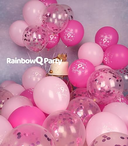 Miniatura 2 de RainbowQ Party Kit de 36 globos de 9 cumpleaños de color rosa intenso para Gir 12 pulgadas, 9 números, látex, helio, decoración de fiesta de feliz