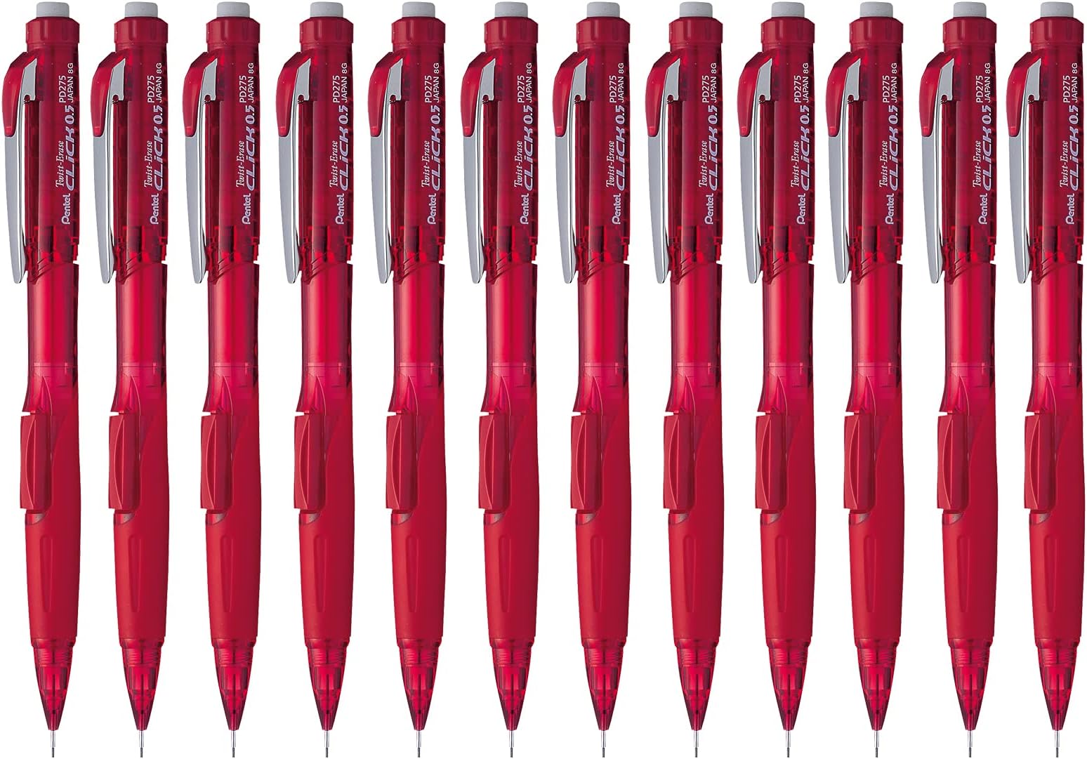 Pentel Twist-Erase Click Mechanical Pencil (0.5mm) Transparent Red Barrel, Box of 12 (PD275TB)