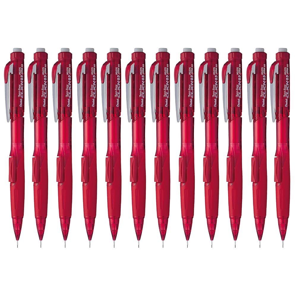 Pentel Twist-Erase Click Mechanical Pencil (0.5mm) Transparent Red Barrel, Box of 12 (PD275TB)