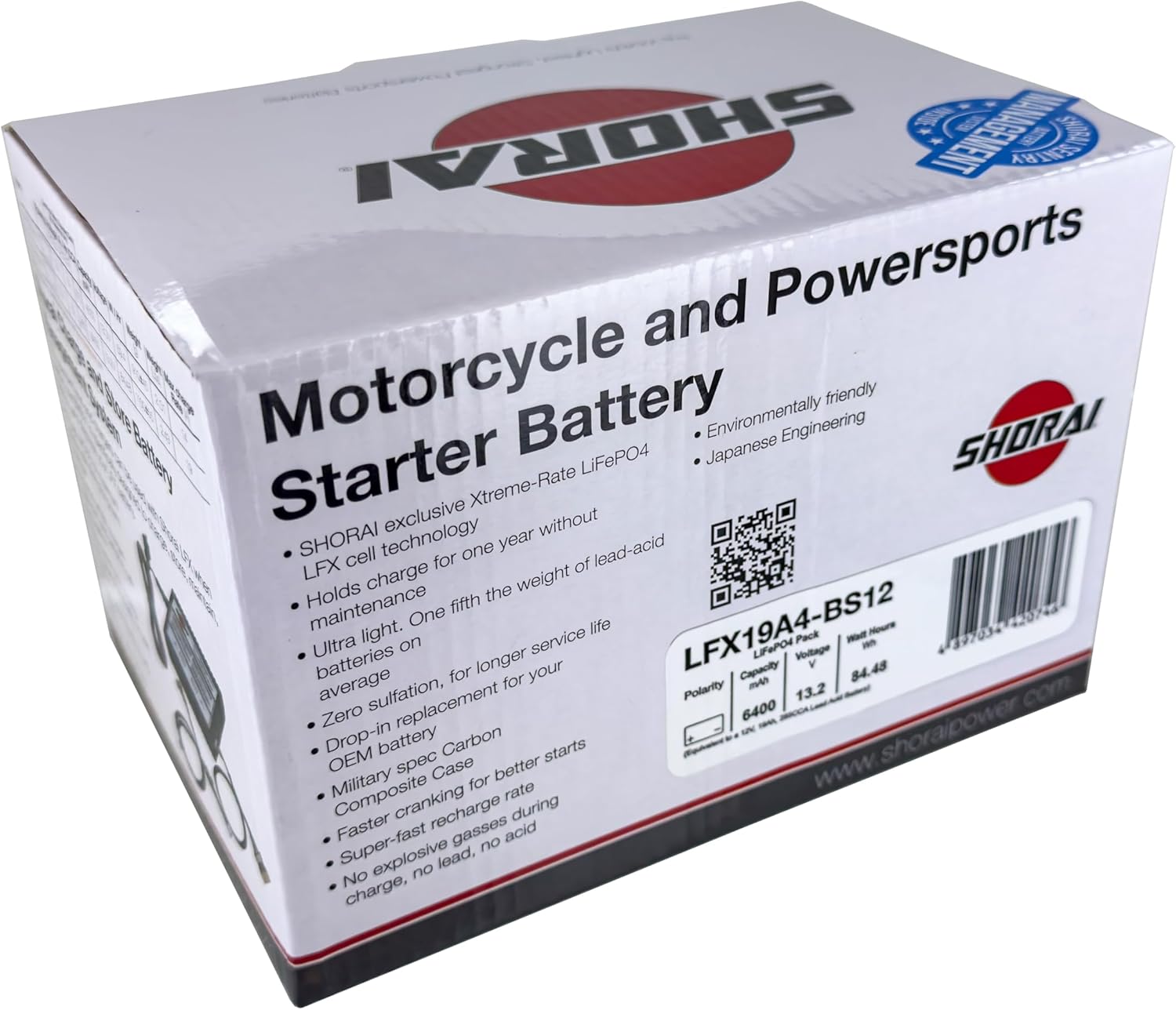 Shorai LFM Lithium-iron (LiFePo4) Starter Battery w/BMS, LFM19A4-BS12, 6.4Ah 13.2V, 84.5WHr, "A" Type, Case 4