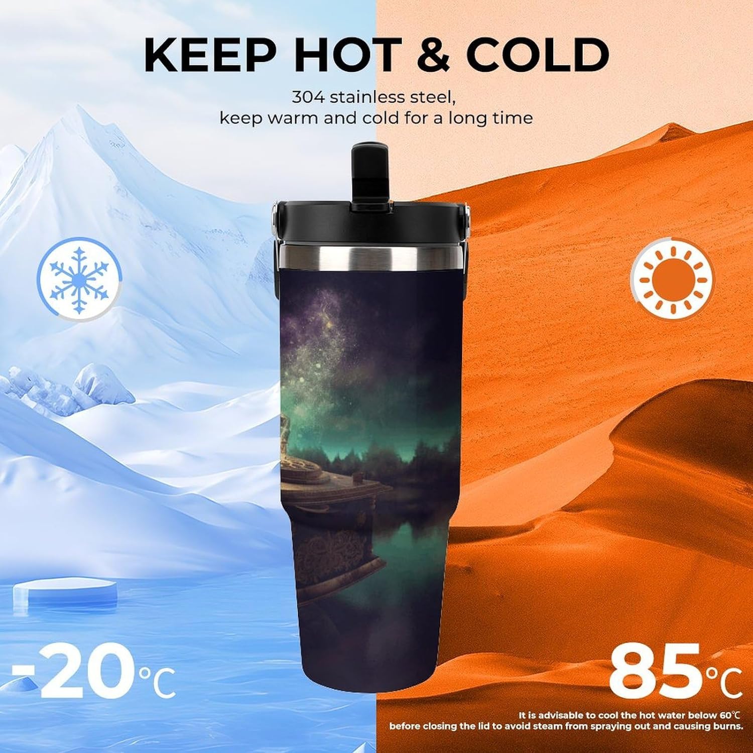 Dream Music Box Water Bottle 30 Oz Fits Car Cup Holder,Insulated Coffee Mug Large Capacity Car Cups,Stainless Steel Double Wall Sport Bottle for Travel Sports Gym