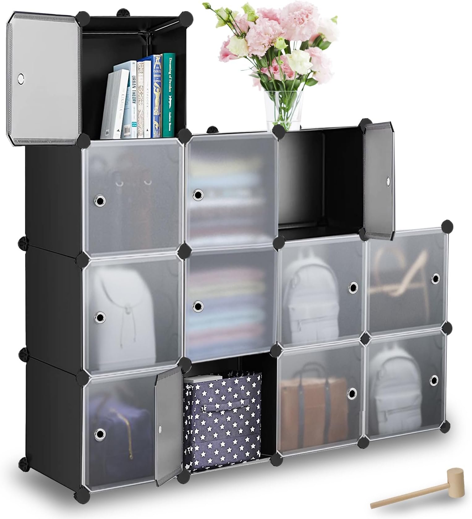 Estleys Cube Storage Organizer, 11.8” x 11.8” Closet Organizer Shelf with Doors, 12-Cube Closet Storage Shelves, DIY Plastic Closet Cabinet, Stackable Cubes, Cube Storage Shelf Unit