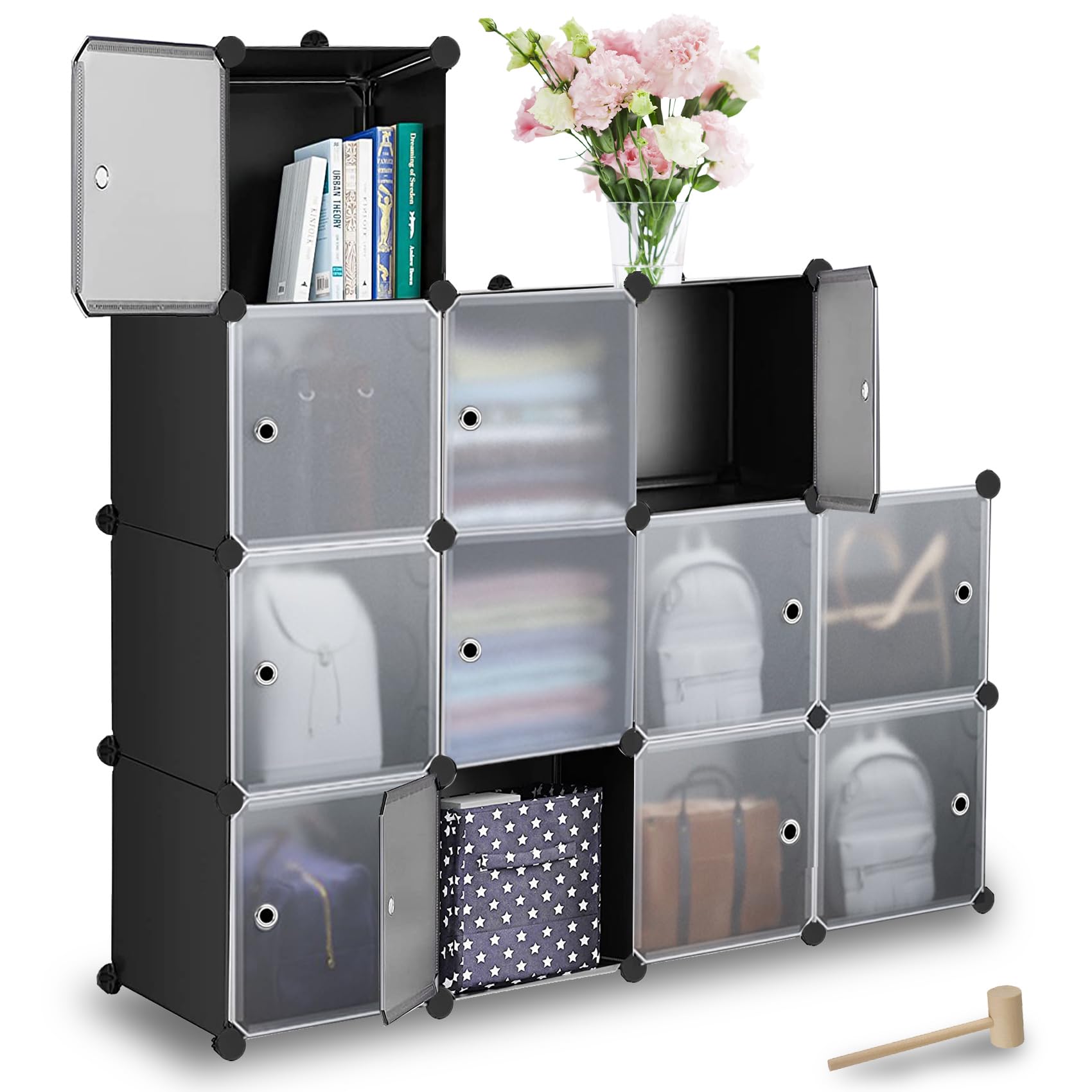 Estleys Cube Storage Organizer, 11.8” x 11.8” Closet Organizer Shelf with Doors, 12-Cube Closet Storage Shelves, DIY Plastic Closet Cabinet, Stackable Cubes, Cube Storage Shelf Unit