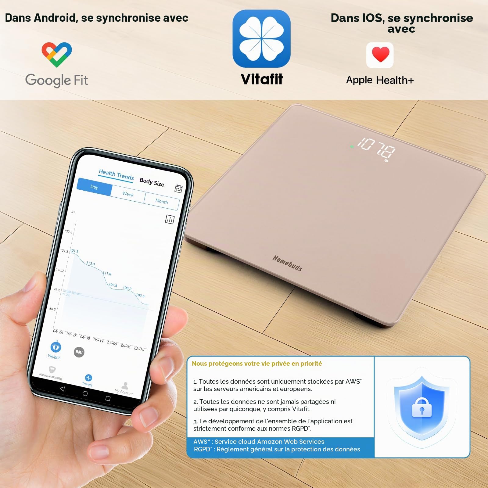 Homebuds Balance Connectée, Haute Précision 0,05kg Par Notre Professional Fabricant Depuis 2001, Pese Personne Step-On et LED Lumineuse, APP Sync Avec le Poids et l'IMC, 182kg, Or Rose