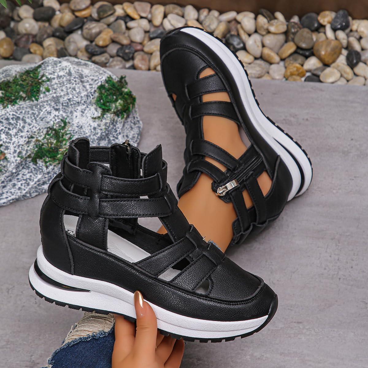 Sandalias de cuña de plataforma transpirables para mujer, sandalias de pescador con puntera cerrada para mujer, sandalias romanas de gladiador de verano