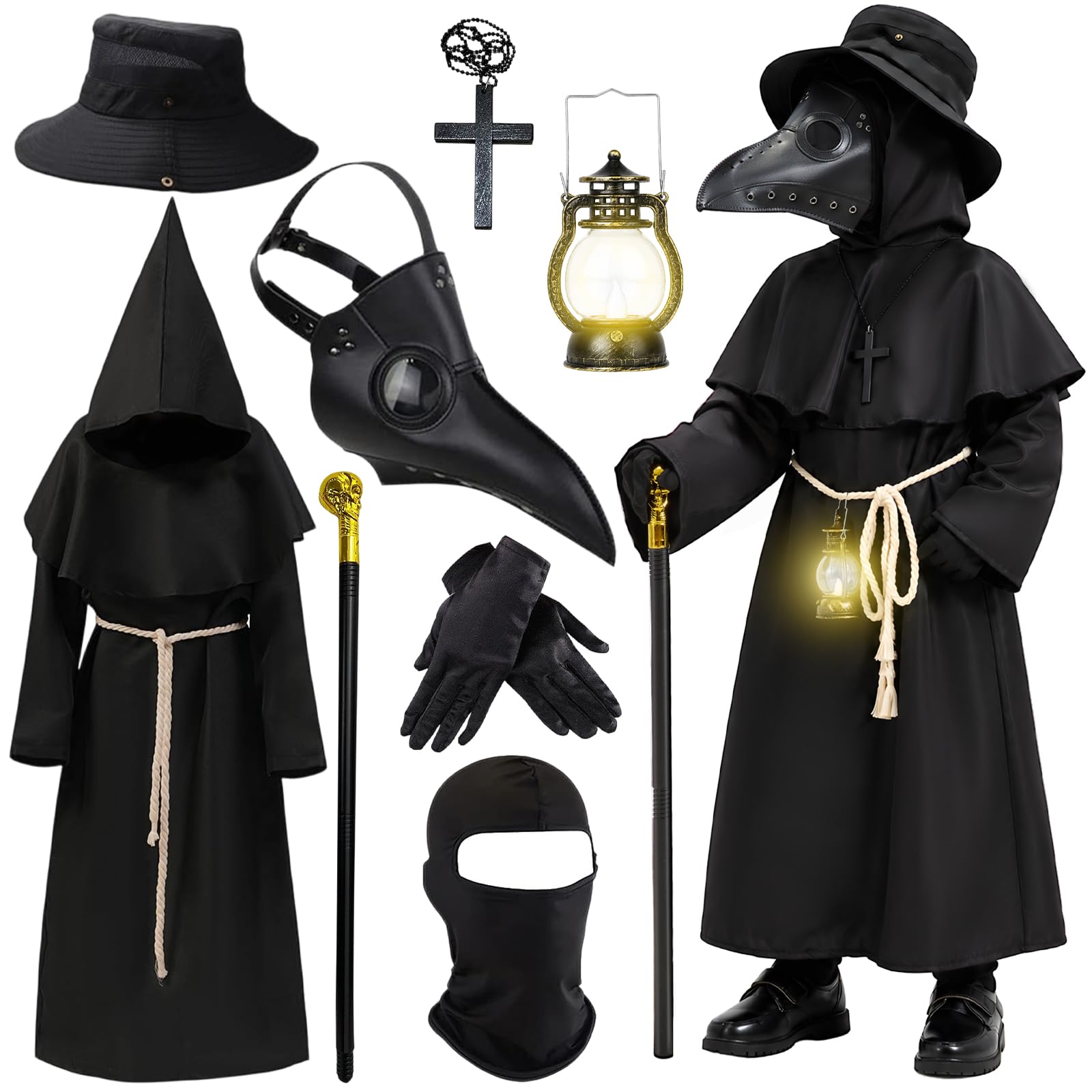 Costume di Halloween per bambini e ragazzi, costume medievale da medico della peste, con maschera in pelle, cappello, paio di guanti, collana in legno, bastone da passeggio