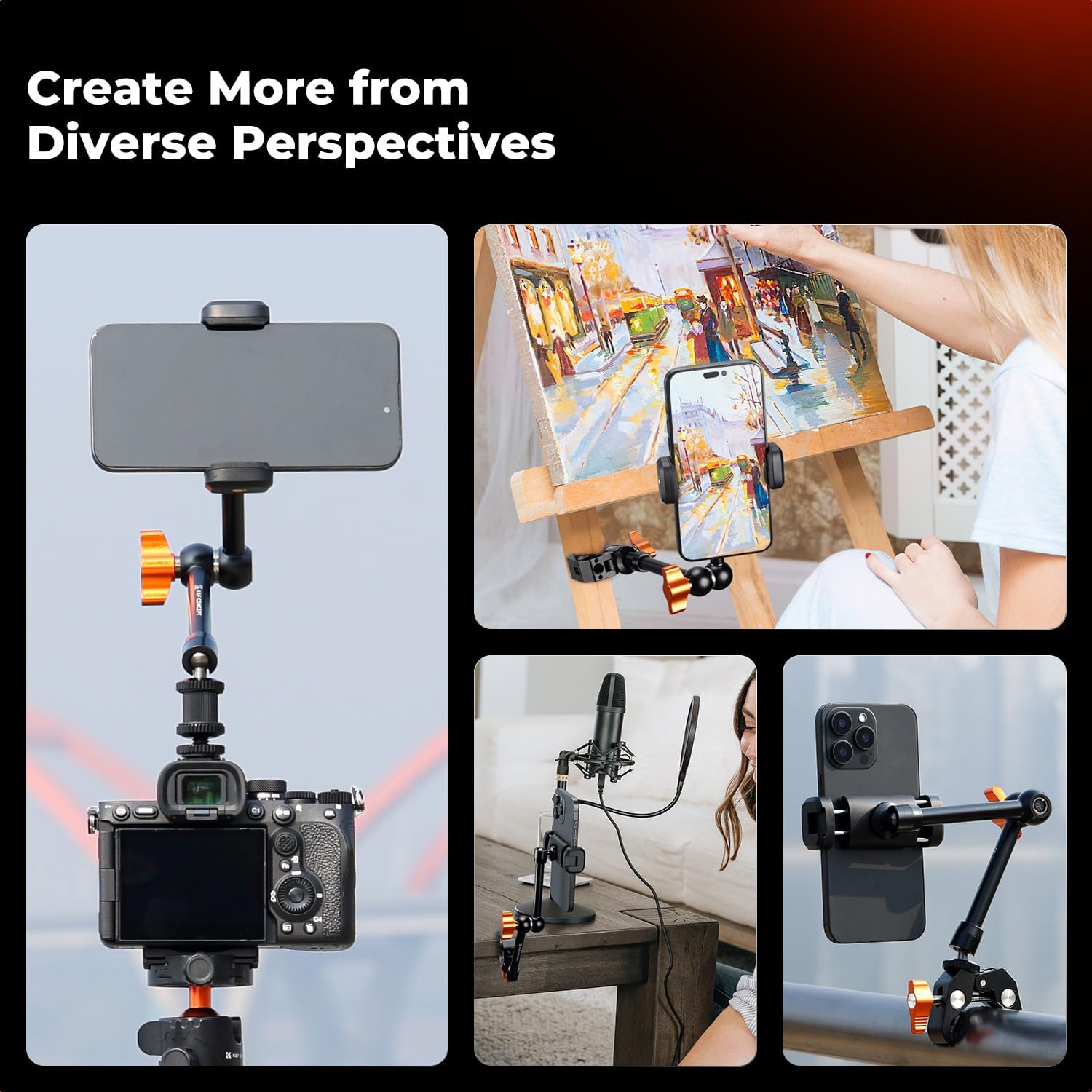 K&F CONCEPT 9.8" Magic Arm Clamp with Phone Holder, 360° Ball Heads Camera Arm Mount for Phone/LED Lights/Monitor/Flash/Microphone/DSLR Camera