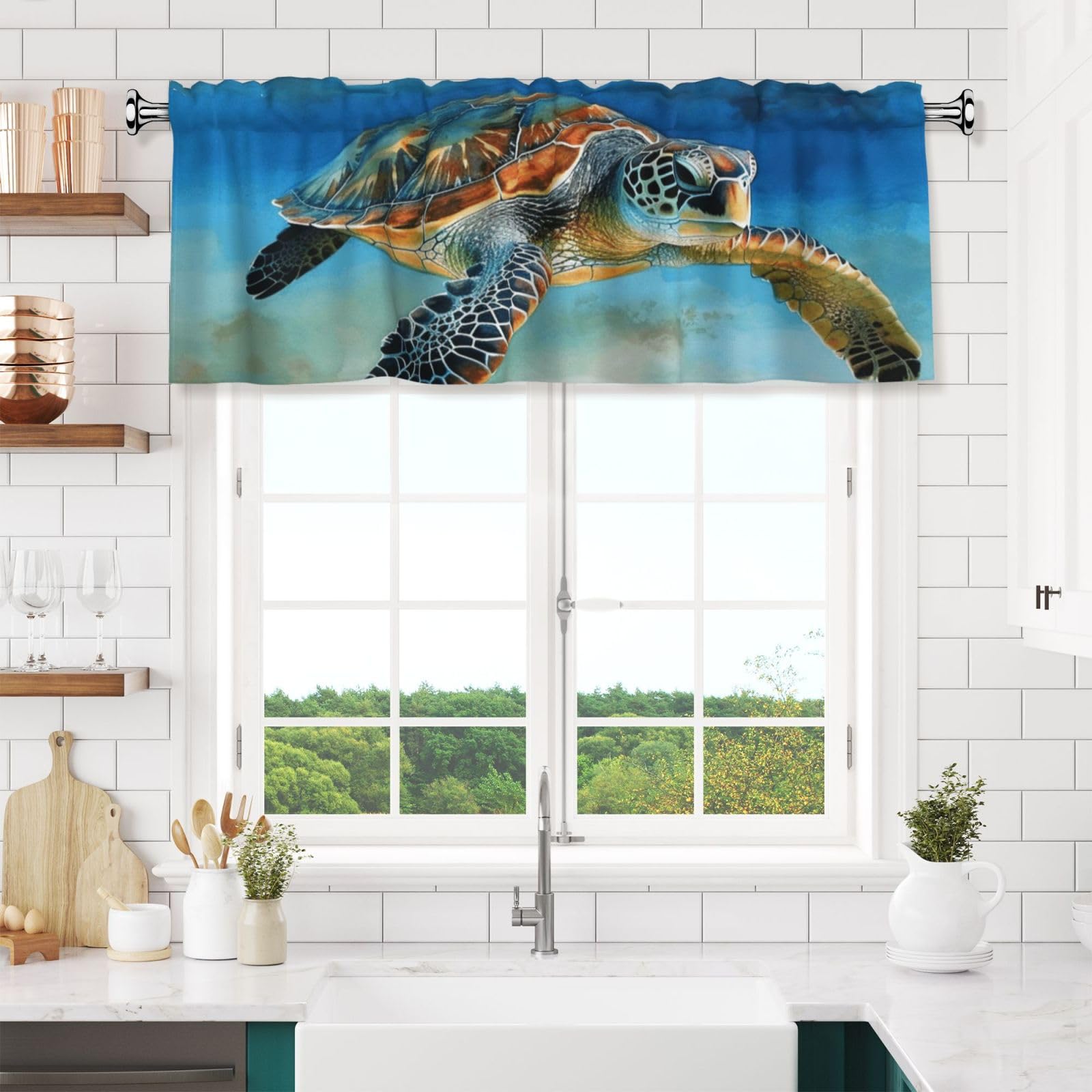 NONHAI Sea Turtle Valances for Windows Short Curtains Rod Pocket Cafe Window Treatments Valance Curtains for Kitchen Bathroom Laundry Basement Windows 54x18inch Blackout Window Valance
