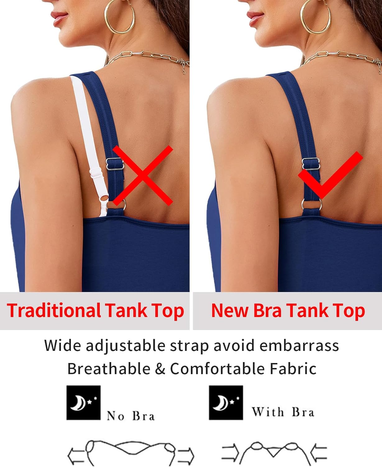 V FOR CITY Women Tank Top with Built-in Padded Bra Adjustable Wide Strap V-Neck Camisole Cotton Cami Shirts - Image 5