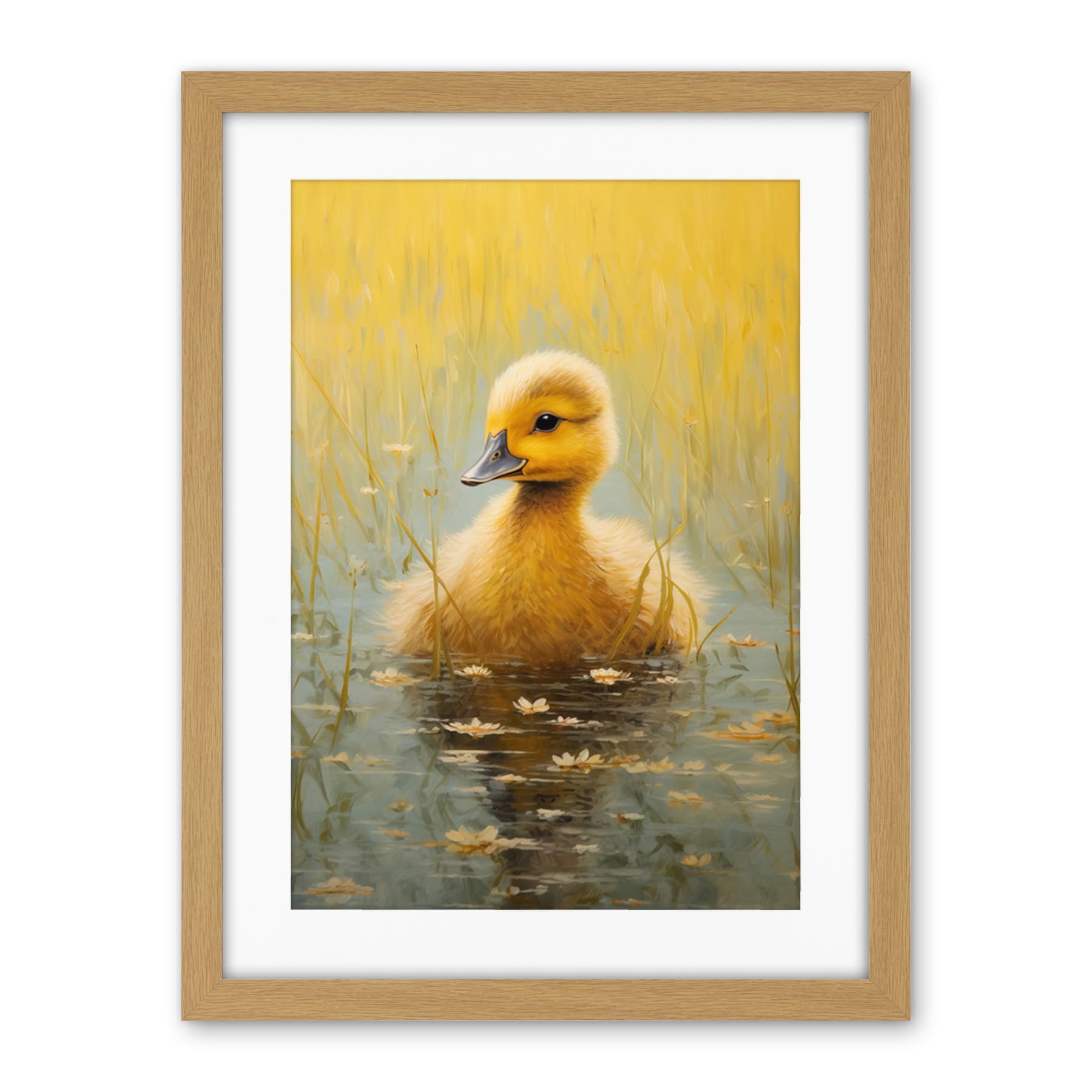 Artery8 Cute Yellow Ducking in Countryside Pond Oil Painting Kids Bedroom Baby Duck Bright Artwork Framed Wall Art Print 18X24 Inch