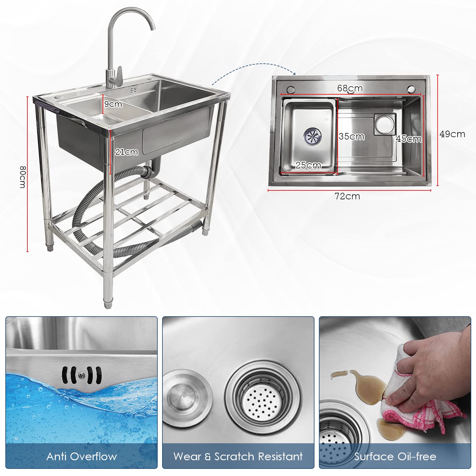 Fregadero de cocina comercial de acero inoxidable de un solo tazón independiente con grifo frío y caliente para lavandería, bar, restaurante