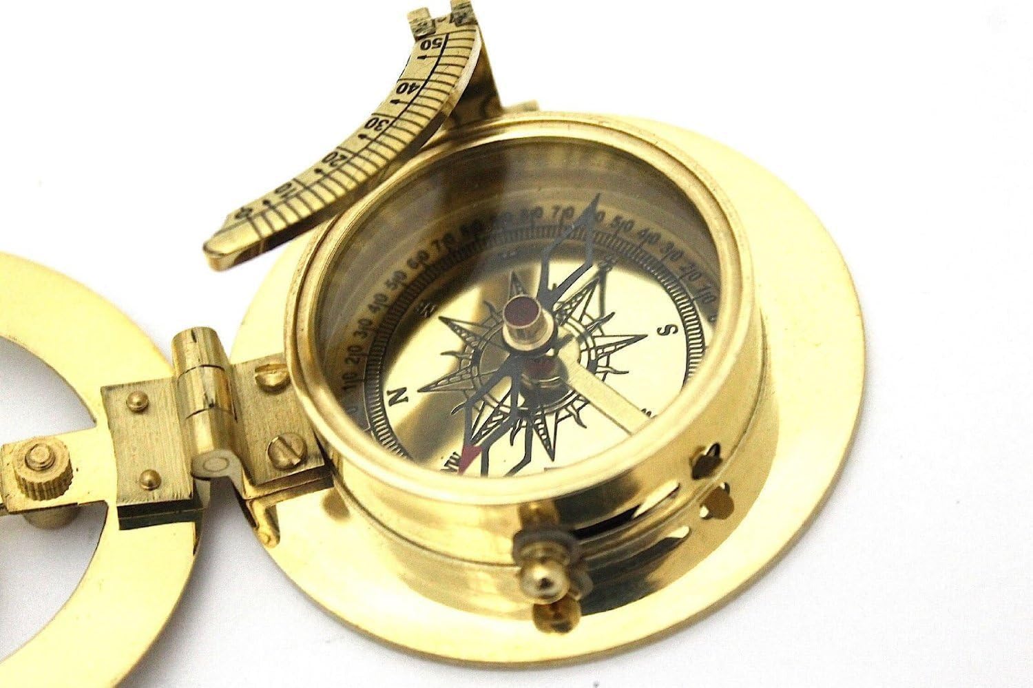 Vintage Marine Solid Brass Antique Pocket Sundial Compass, Nautical Decor Big Brasss Sundial Clock with Wooden Box, Rustic Vintage Brass Compass for Home Decor Gifts, Hiking, Travelling.