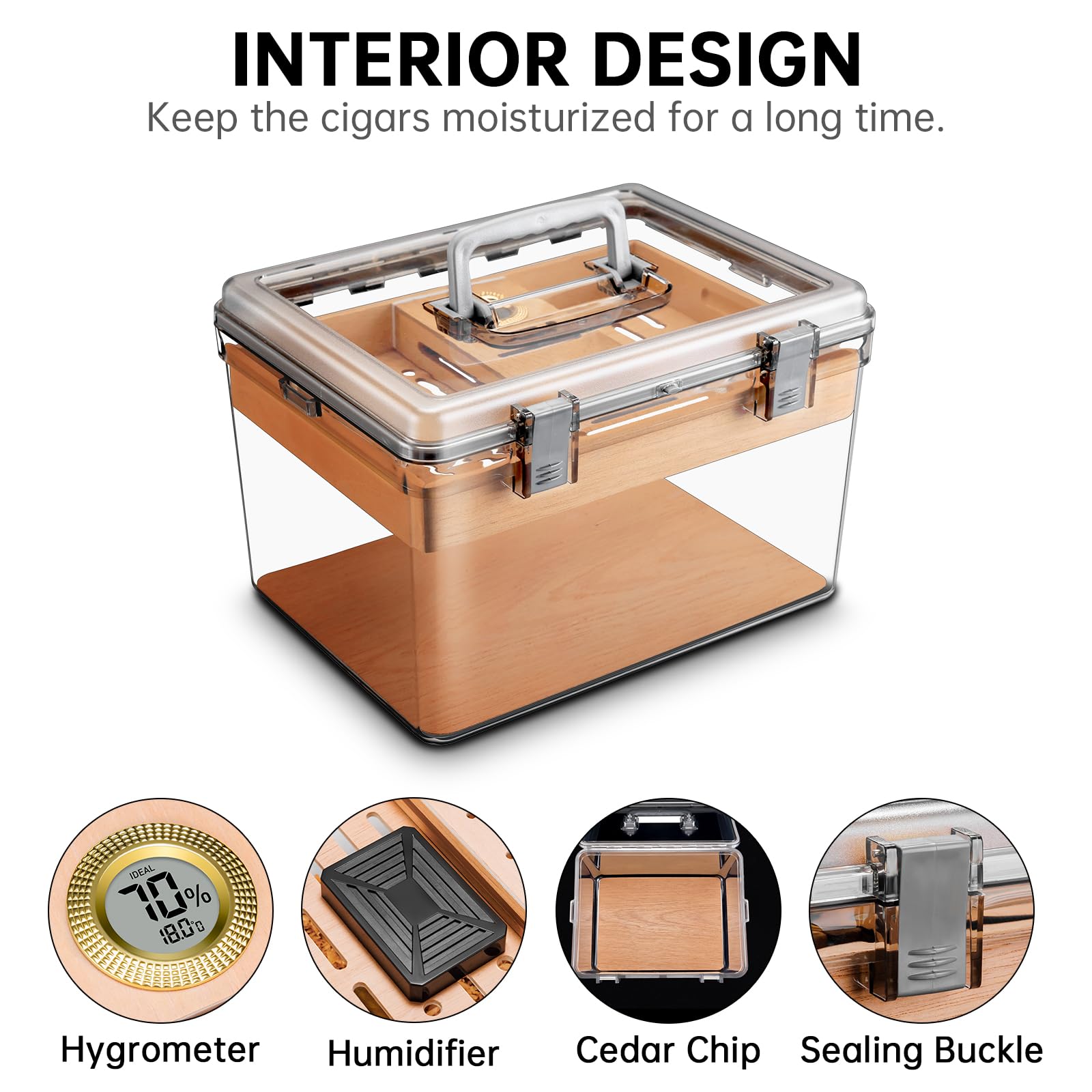 Acryl Zigarren Humidor Set mit Luftbefeuchter und Hygrometer, transparenter Humidor Fall Eingebautes Zedernregal, tragbarer Desktop Humidor Box Lagerung für etwa 80 Zigarren (Medium)