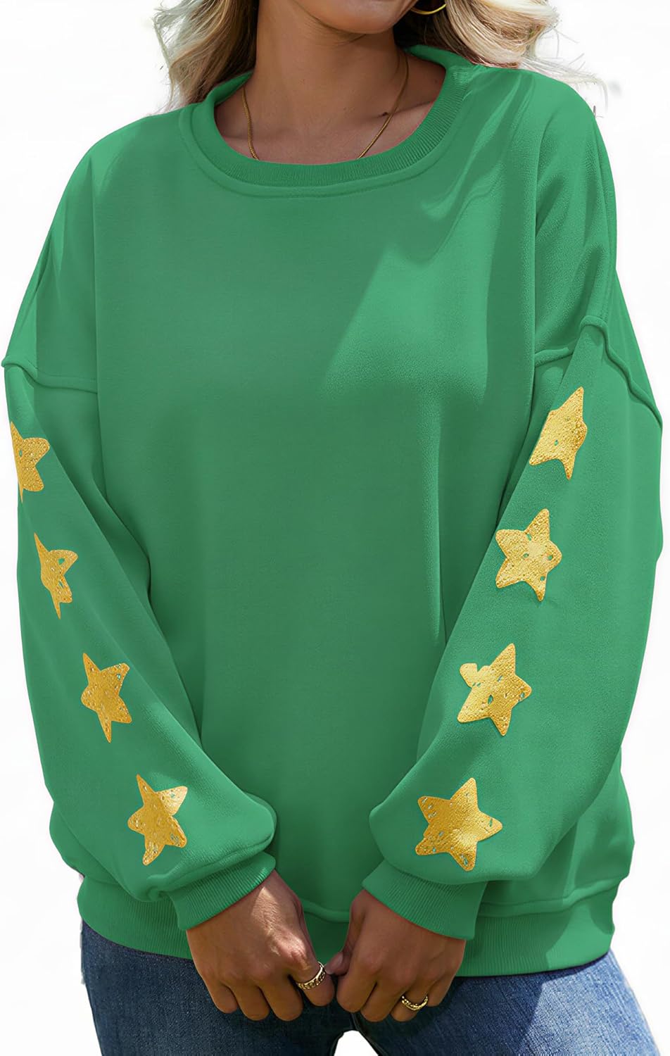 Women's Oversized Crewneck Sweatshirt, Thickened with Fleece, Star Sleeves, Long Sl...