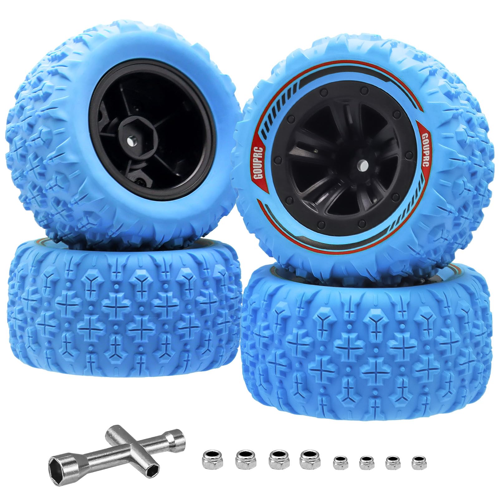 GOUPRC 12mm Hex RC Wheel Tires Set, 3.26 * 1.67 Inches 4PCS Swamp Claw Mud Terrain Tires Accessories for 1/14 1/16 RC Car Crawler Buggy Blue