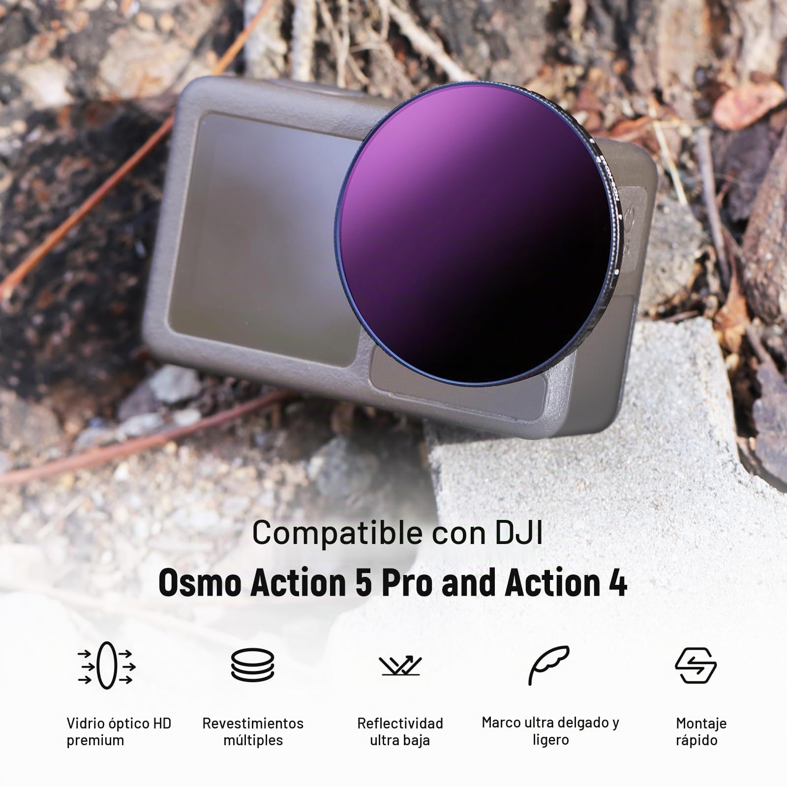 NEEWER Variable ND Filtro Compatible con dji Osmo Action 5 Pro & Action 4, ND8-32 (3-5 Pasos), Filtro de Objetivo de Densidad Neutra de Rosca, Cristal Óptico HD Multicapa Action CAM Accesorios