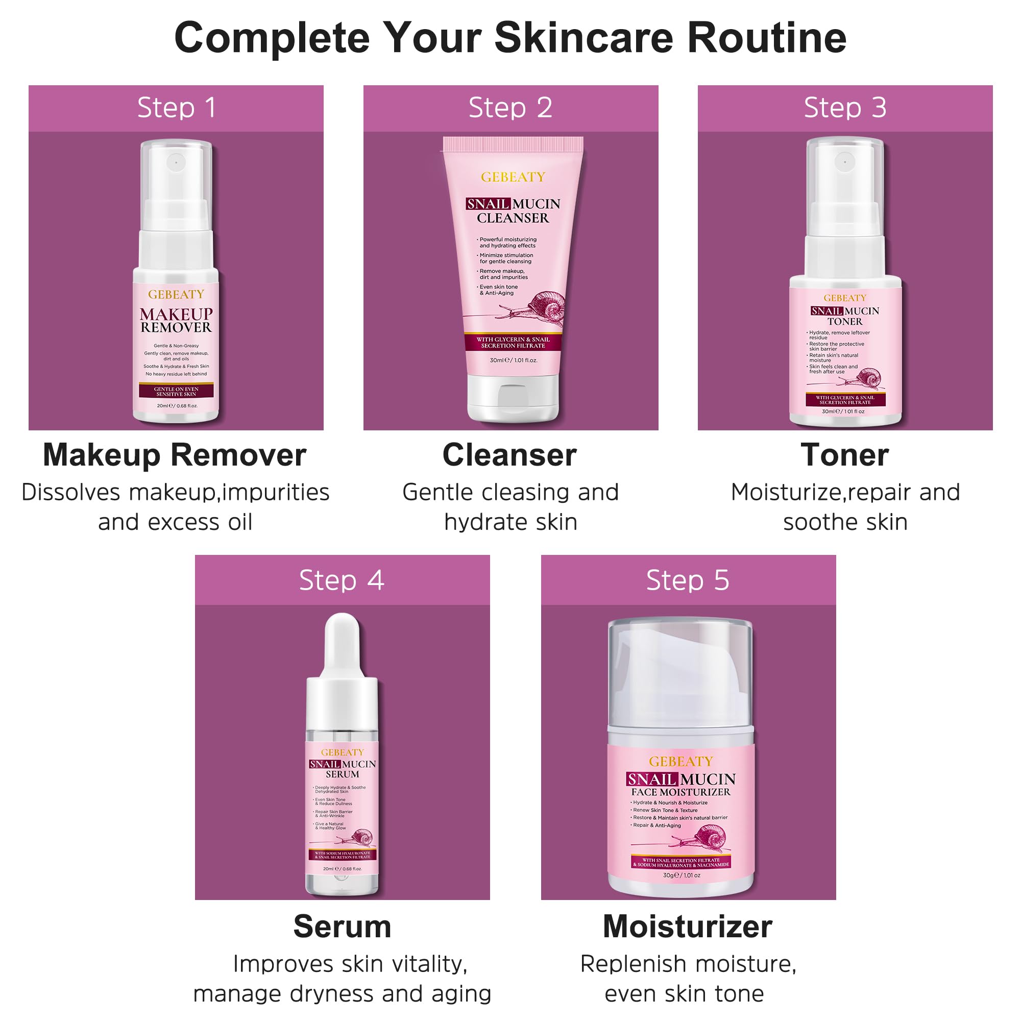 Skin Care Set,6 Pcs Korean Snail Mucin Essence Anti-aging Moisturize Repair Soothe Hydrate,Glass Skincare Gift Kit for Dull & Dry Skin,Self Care Skincare Gifts for Women Mother Mom Wife Teenage Girls