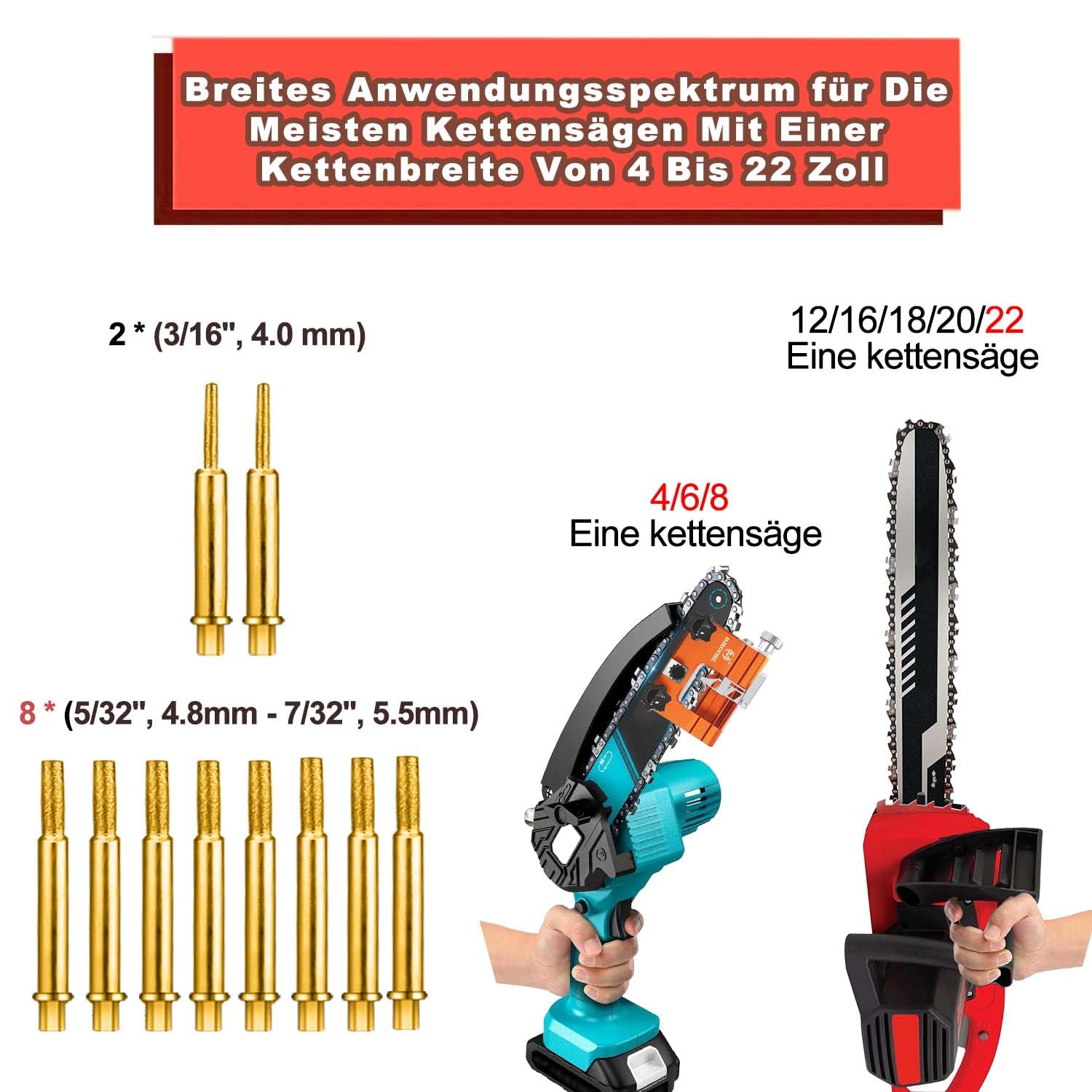 Kettensägen-Schärfwerkzeug mit 10 titanbeschichteten Diamantschleifköpfen, universell tragbares Hand-Schärfgerät für Sägeketten, passend für 4" – 22" Kettensägen