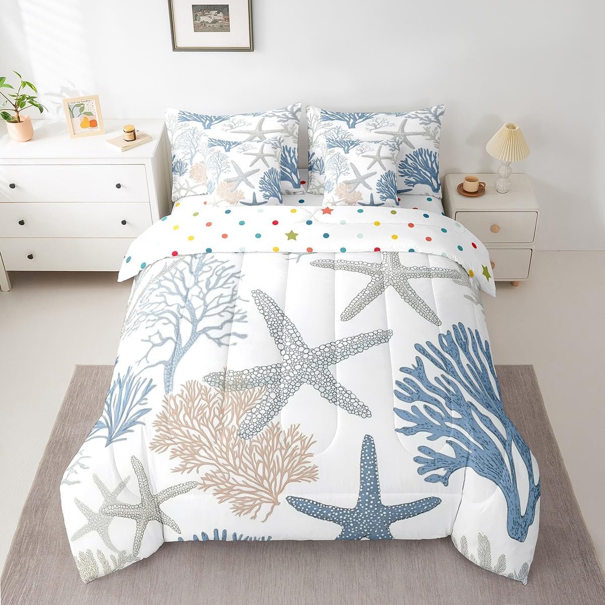 Feelyou Nautical Coastal Comforter Set 7 Pieces Queen Size Starfish Seashell Bedding Set for Boys Girls Sea Ocean Bed in a Bag with Comforter, Sheets, Pillowcases & Cushion Covers