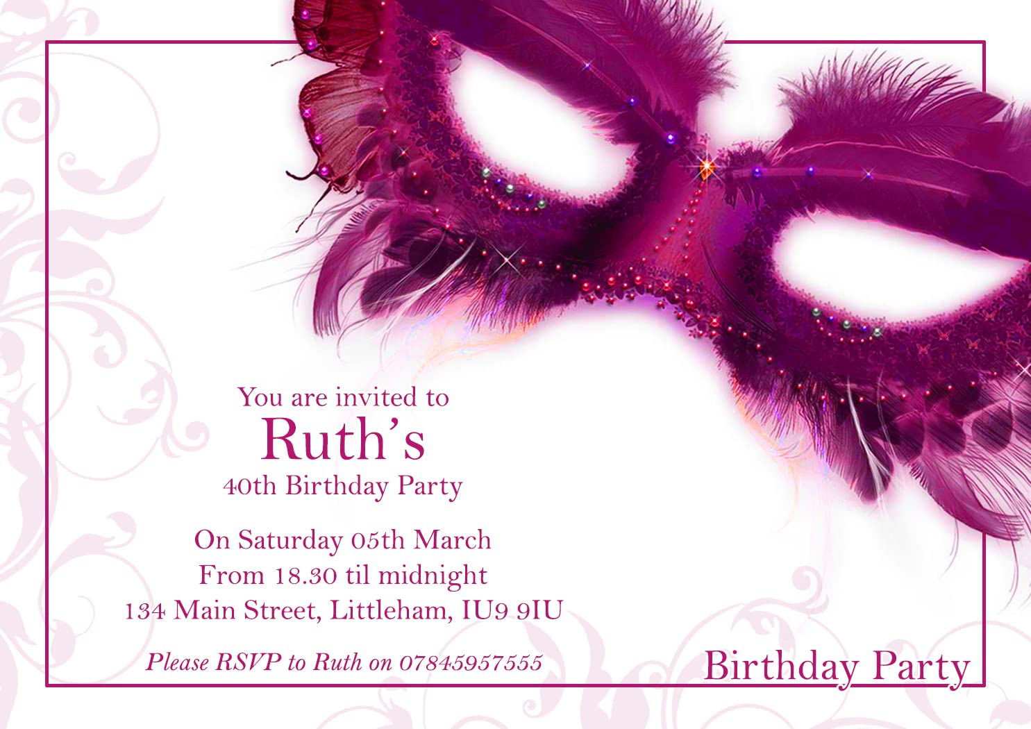 10 Personalised Masquerade Ball Party Invitation Adult Child Printed Invite Boy Girl Male Female For Him For Her Special Occasion Hen Night Wedding Christening - Image 3