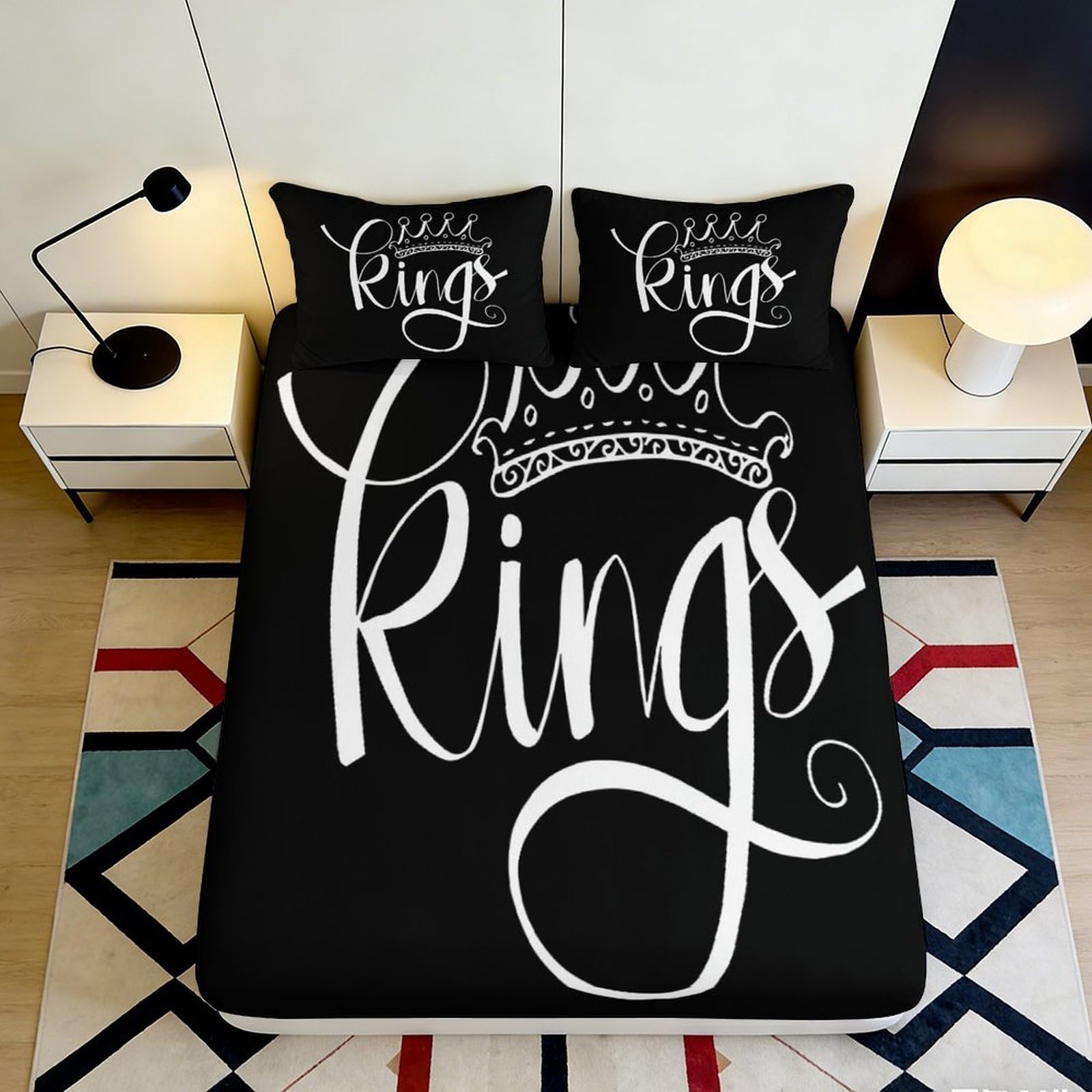 3D Printed Black Crown Kings Fitted Sheet Microfiber Soft Non-Slip Bed Cover for Bedroom Guest Room Mattress Protection 120x200x25cm