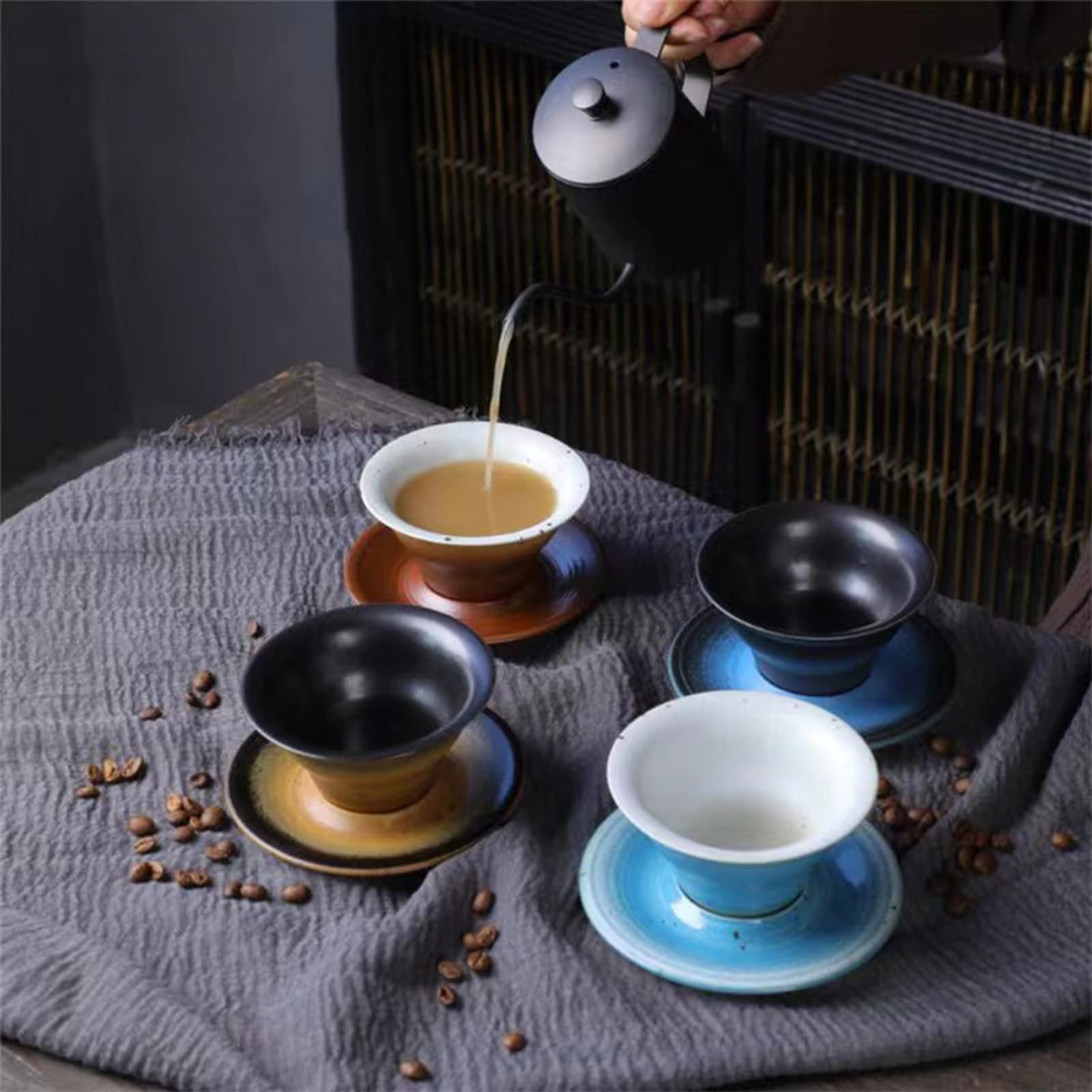 Taza de capuchino hecha a mano de 5.4 oz con platillo Tazas de café expreso de cerámica gruesa Tazas de café de porcelana de cerámica para capuchino Leche Cacao, Apilamiento y ahorro de su encimera,