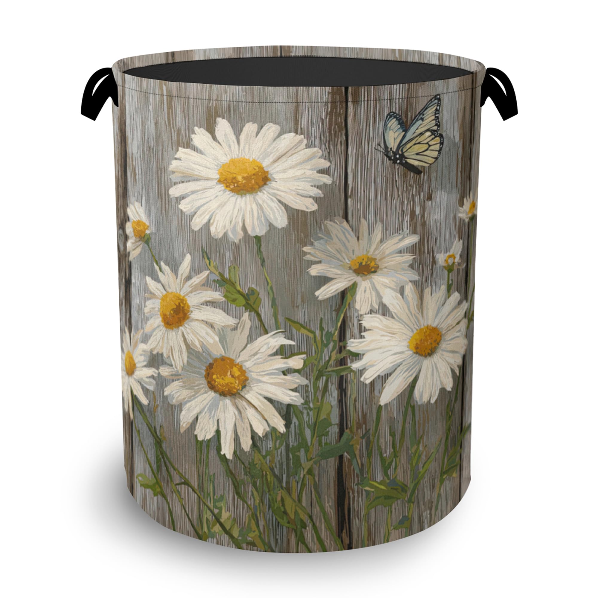 Vintage Daisy Laundry Basket,Wooden Butterfly Oxford Cloth Laundry Hamper with Handle Foldable Portable Clothes Storage Basket for Bathroom Bedroom Dorm Room 16" x 20.8"
