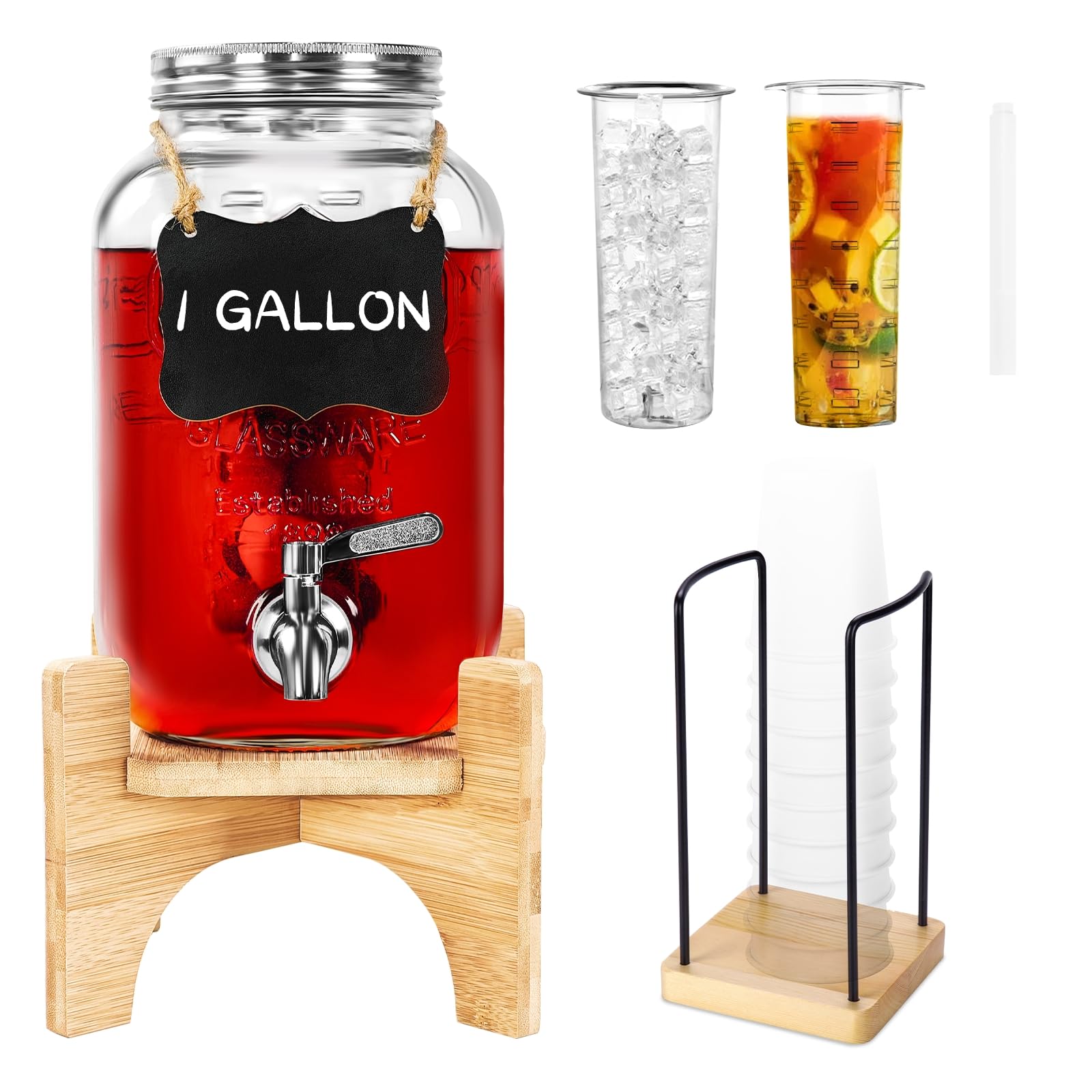 Glass Drink Dispenser with Stand, 1 Gallon Beverage Dispenser for Parties with Cup Holder, Water/Juice/Lemonade/Sangria, 18/8 Stainless Steel Spigot