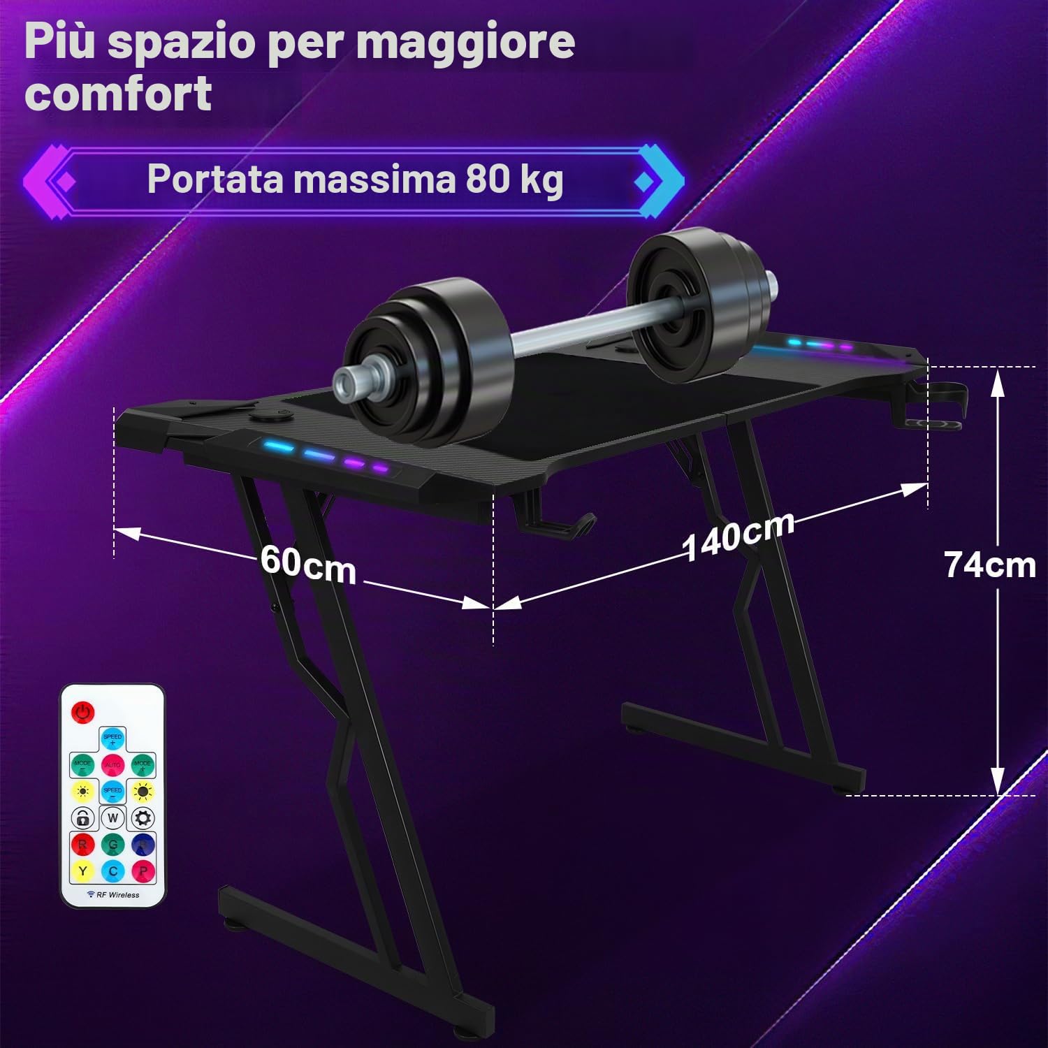 Scrivania Gaming LED 140 x 60cm, Tavolo Gaming Ergonomica, Postazione Gamer con Superficie in Fibra di Carbonio, Scrivania per Computer con Porta Tazza e Gancio per Cuffie, Nero