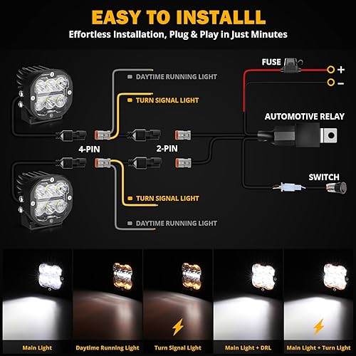 Miniatura 4 de Auxbeam 3 pulgadas 84W LED Pods DRL & Turn Signal X-PRO Series 9600LM Spot Flood Combo Luces de zanja Offroad Foco de conducción ámbar niebla cubo