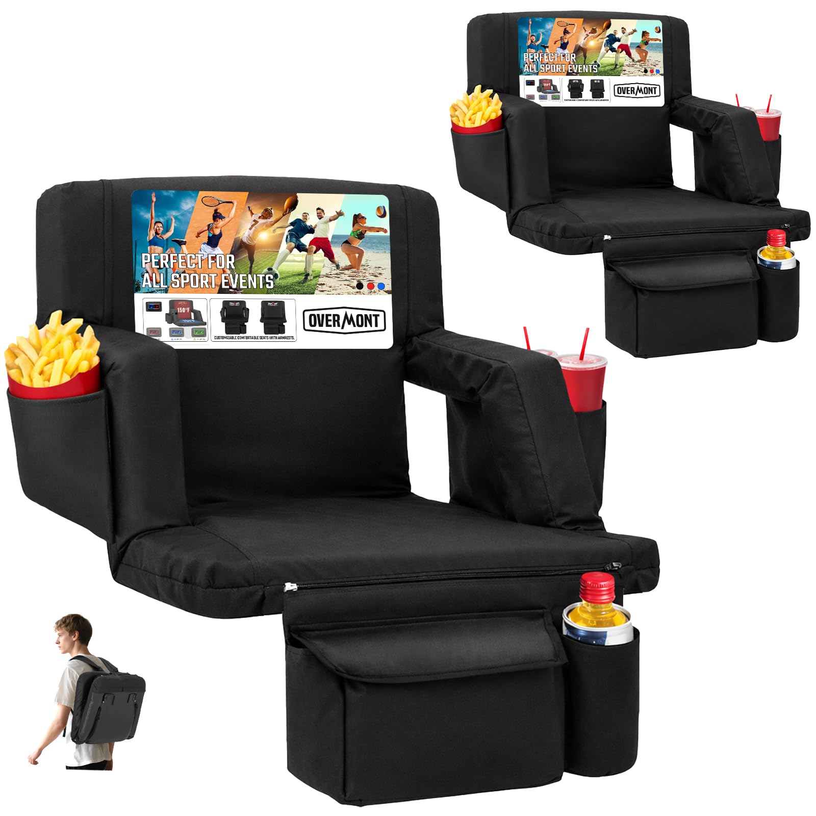 Overmont Stadium Seat with Back Support - 2.8'' Padded Cushion 6-Position Recliner Bleacher Seat with Dual Hooks Backpack Straps Cup Holders Pockets -