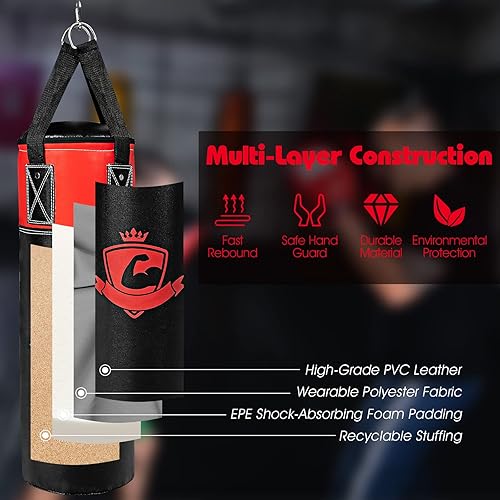 Miniatura 2 de Goplus Juego de saco de boxeo para niños, bolsa pesada de boxeo llena con guantes de boxeo y envolturas de mano, bolsa de almacenamiento portátil,