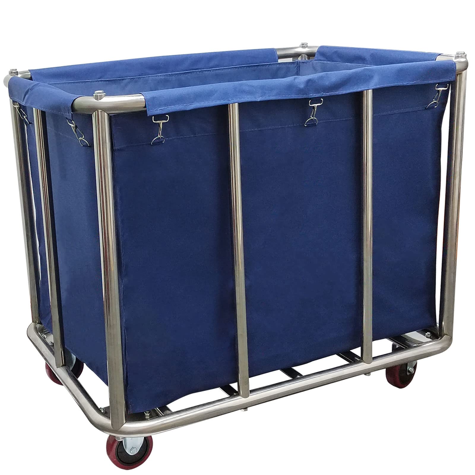 Commercial Laundry Cart on Wheels, 11.35 Bushels Large Roller with Removable Waterproof Canvas Lined Basket, Heavy Duty Stainless Steel for Hotels and Hospitals