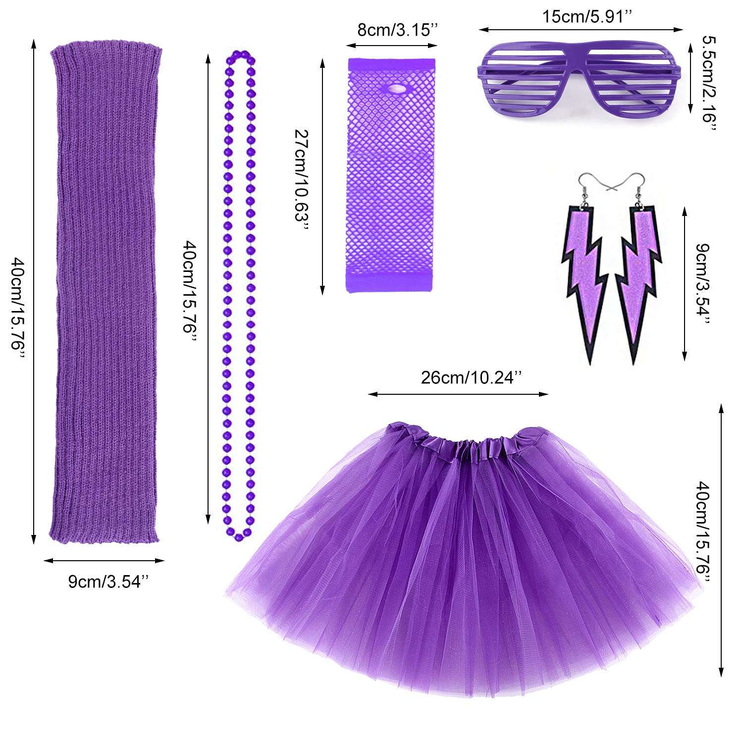 M MUNCASO Costume Anni '80 per Adulti - Set con Gonna Tutù, Scaldamuscoli, Guanti a Rete, Collane al Neon, Orecchini con Perline, Occhiali da Sole - per Feste Retrò