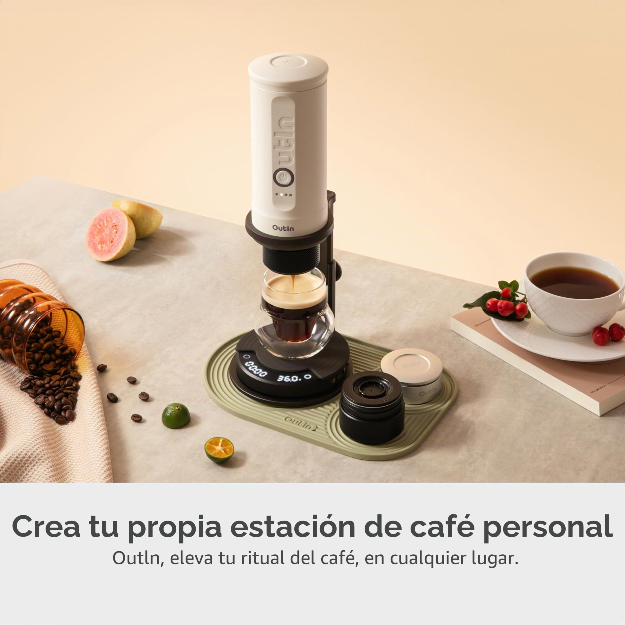 OutIn Claro Báscula Portátil para Café, Medición 2 kg/0,1 g de Alta Precisión, Modo Pour Over con Temporizador, Recargable con Bolsa Protectora