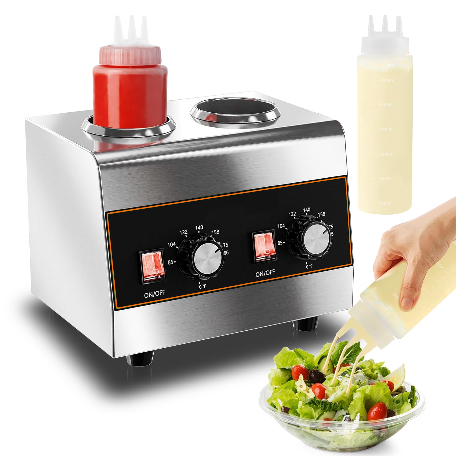 Dispensador eléctrico de salsa de queso, dispensador de queso Nacho, calentador de chocolate comercial, dispensador de dulce caliente para queso Nacho, caramelo, con botellas exprimibles de 650 ml, 2