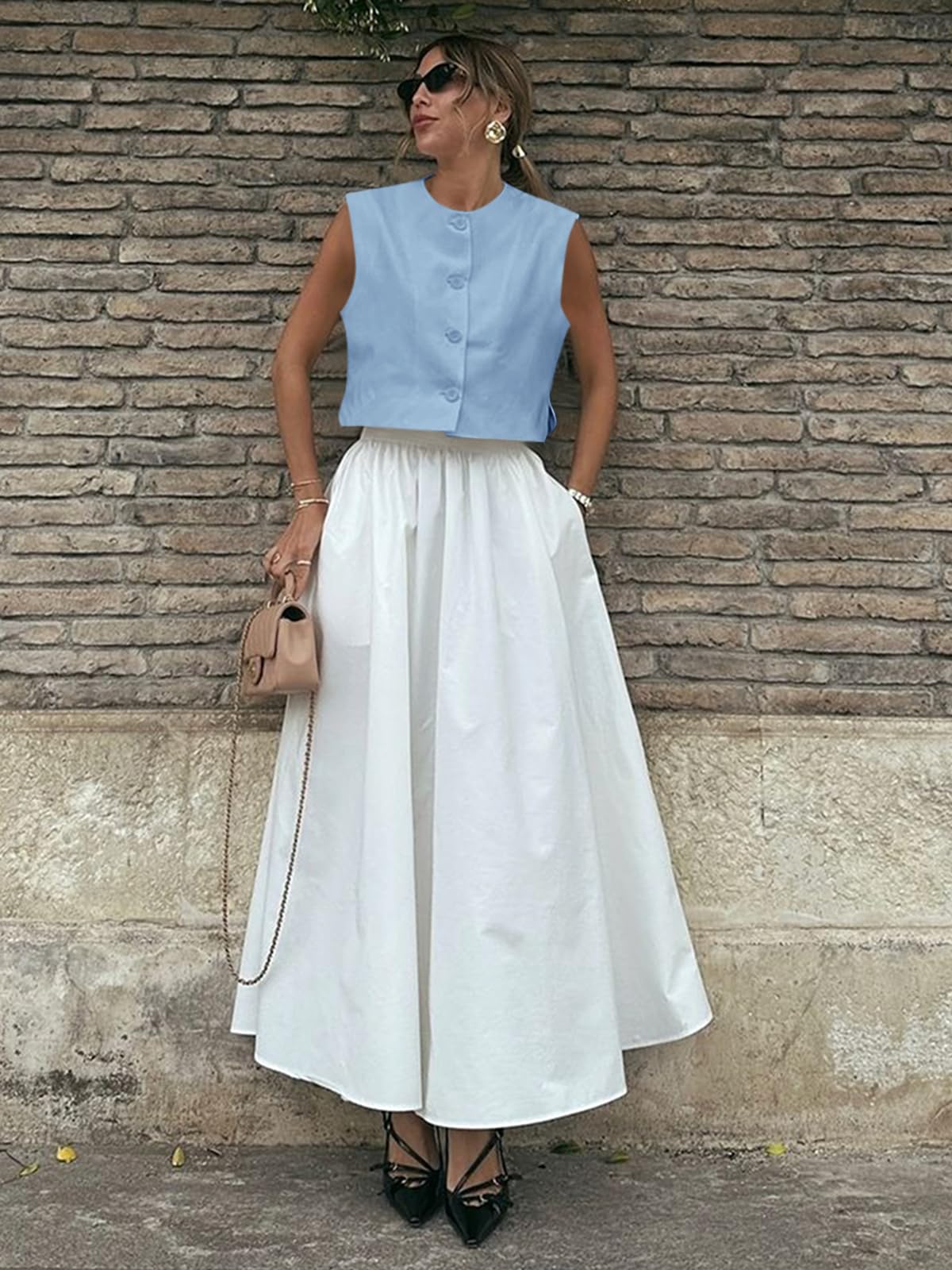 Tankaneo Canottiera da donna corta con maniche ad aletta, da lavoro, casual, girocollo, con bottoni