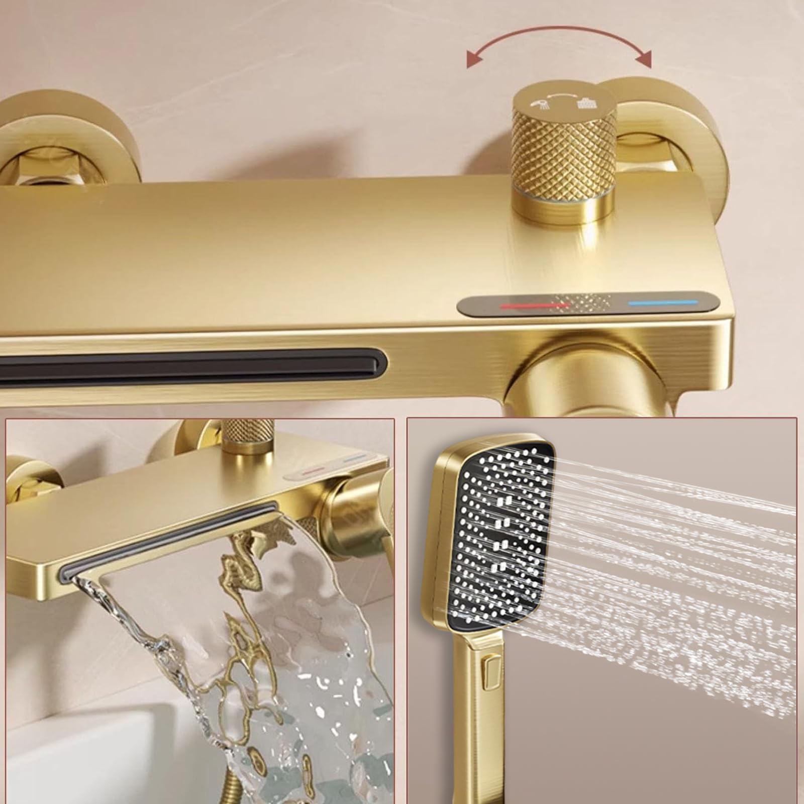 Grifo Bañera, Grifo Ducha Cascada Alto Flujo | Latón, Monomando Mezclador de Bañera, Agua Caliente y Fría Regulable, Incluir Alcachofa 3 Modos, Manguera de 150 cm