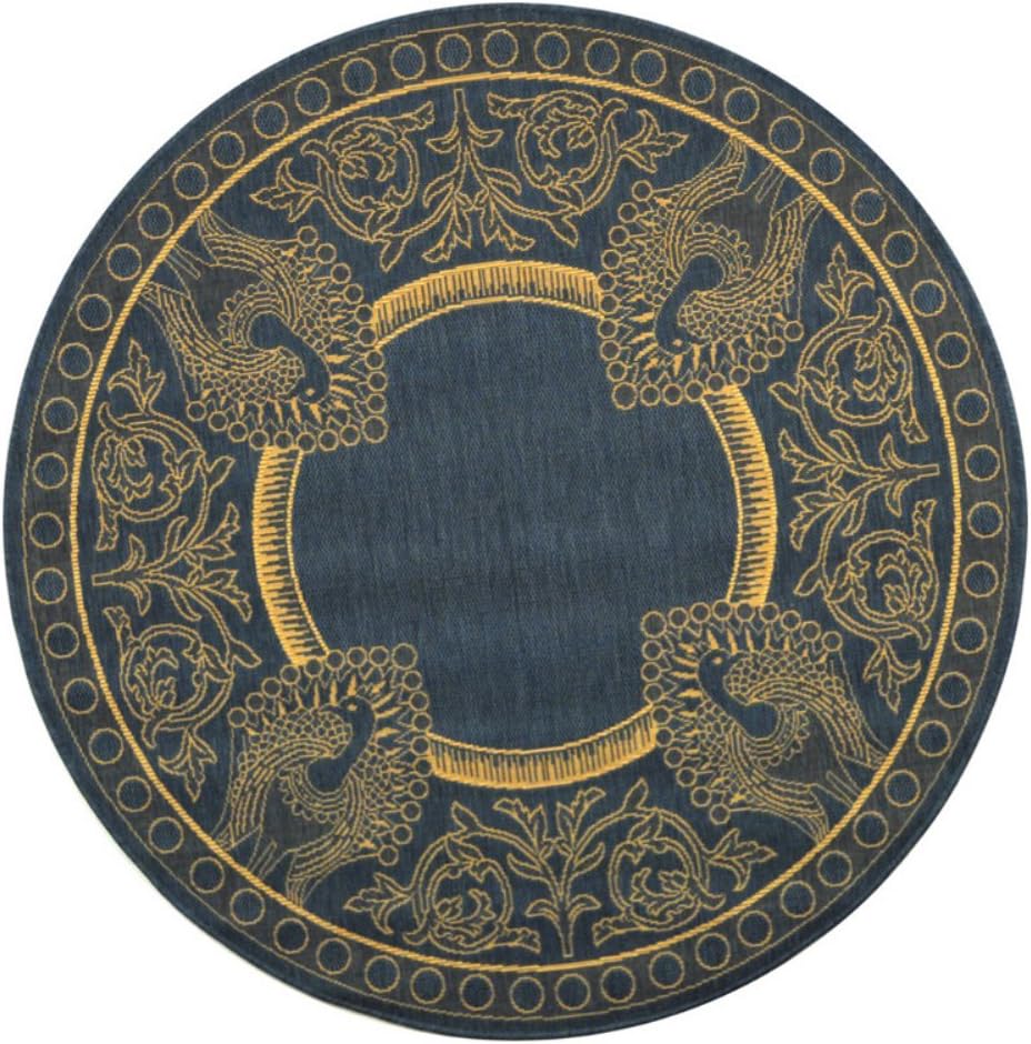 SAFAVIEH Washable Rug Outdoor Courtyard Collection - 5'3" Round, Blue & Natural, Non-Shedding & Easy Cleaning, Ideal for Patio, Backyard, Mudroom (CY2965-3103)