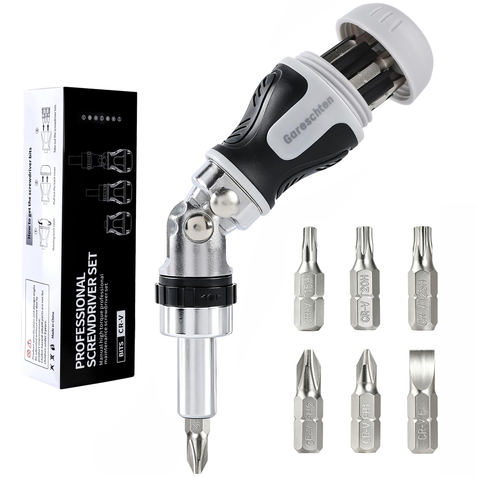 Gareschten 7-in-1 Multi-Angle Ratchet Screwdriver Set, 180° Pivoting Pocket Screwdriver with 6 CRV Bits (PH/SL/Torx) Inside Handle, Professional Compact Stubby Screwdriver Tool for Tight Spaces