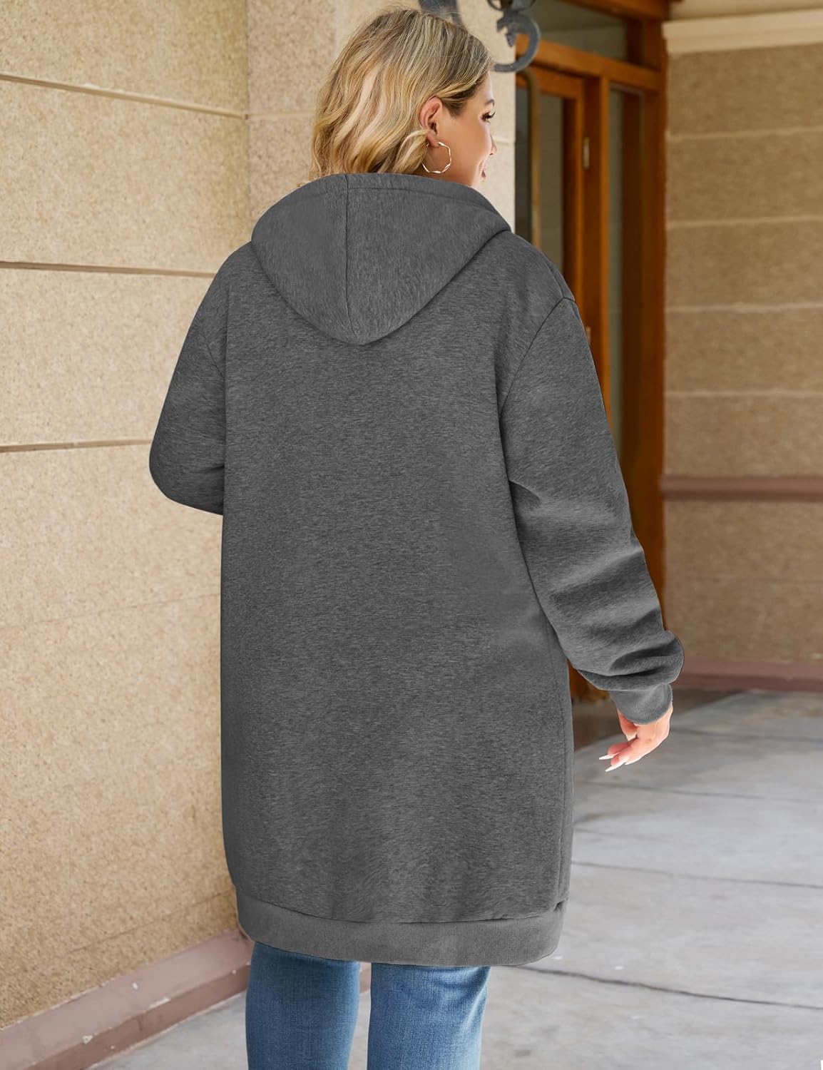 Plus Size Casual Zip Up Hoodie for Women, Long Tunic Fleece Jacket Coat, Warm Winter Hooded Outerwear