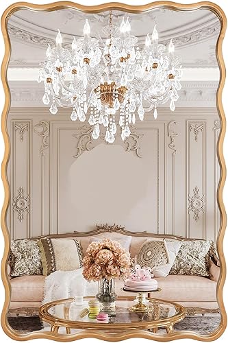 Miniatura 10 de Espejo de baño ondulado ovalado dorado cepillado de 24 x 36 pulgadas, montado en la pared, grande, moderno, campo, adecuado para baño, dormitorio,
