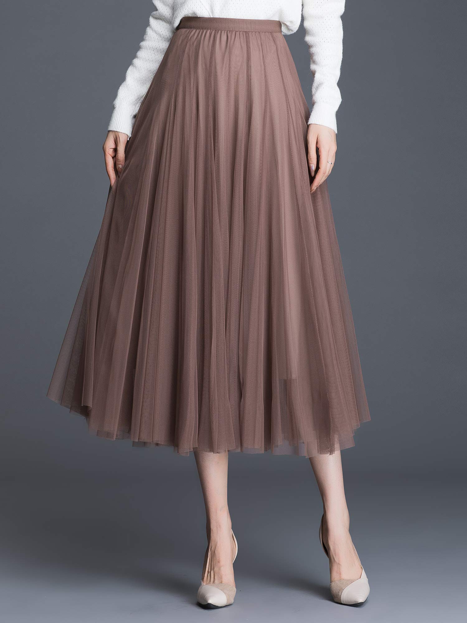 Donna Tulle Midi Gonna Plissettata Elastico Alta Vita Elegante per Festa Matrimoni