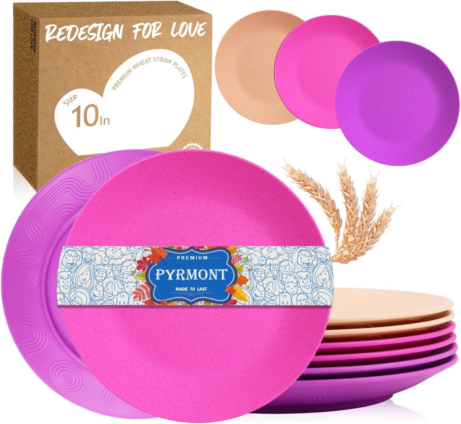 PYRMONT Plates Set Wheat Straw Plates 10 Inch,Reusable Plastic Plates Set of 6,Microwave Plates Freezer Safe Dishwasher Safe,Lightweight Plates for Kitchen,Dinner Plate Salad Plates Camping Plate