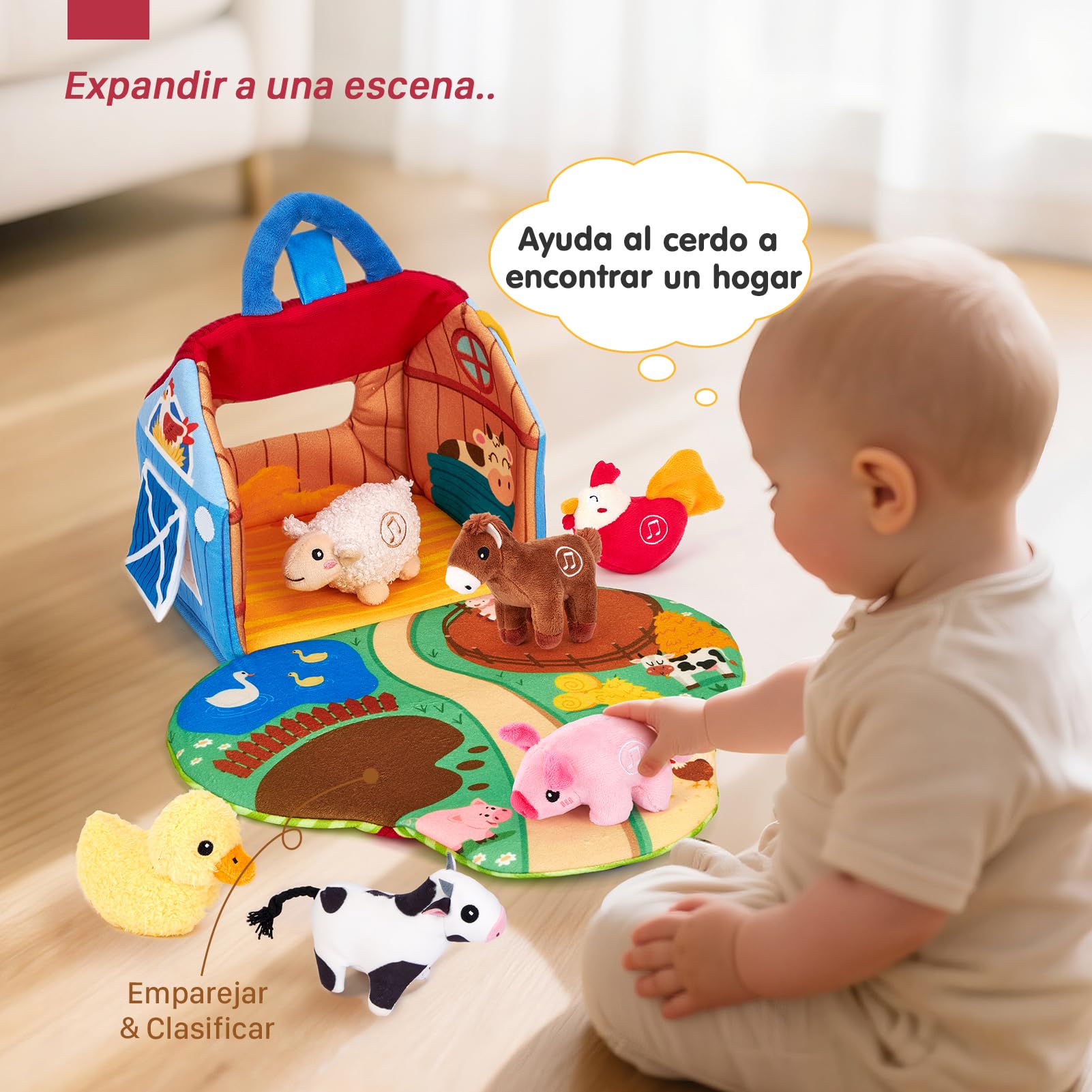 hahaland Juguetes Bebes 6-12 Meses - Granja de Peluche con 6 Animales Interactivo, Granero Plegable Blando - Montessori Juguetes Niños 1 año Regalo Bebe 6 12 18 Meses